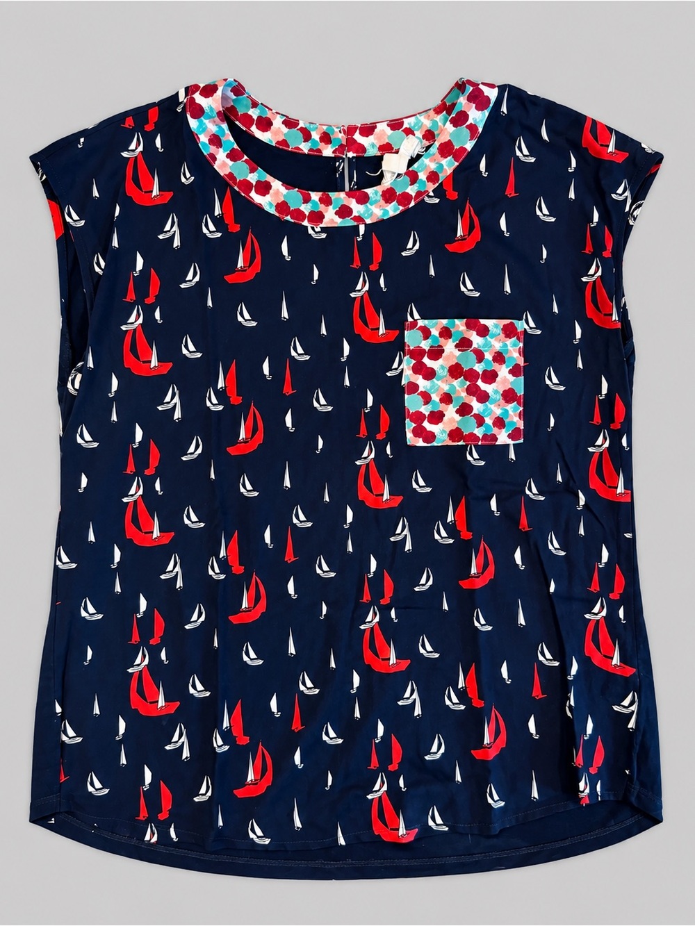 Navy Sailboat Print Short Sleeve Top - Red & White Accent